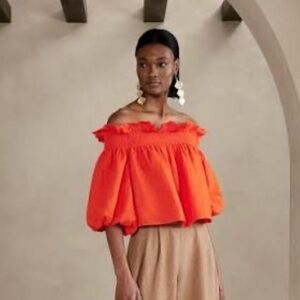 Banana Republic Bria Linen Off the Shoulder Smock Ruffle Top Orange Medium